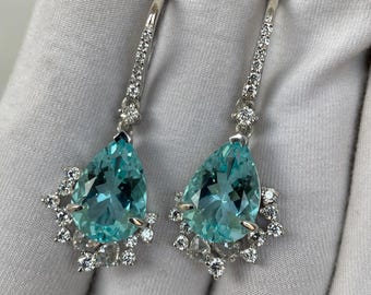 Boucles d'oreilles halo aigue-marine taille poire - Boucles d'oreilles pendantes en argent sterling