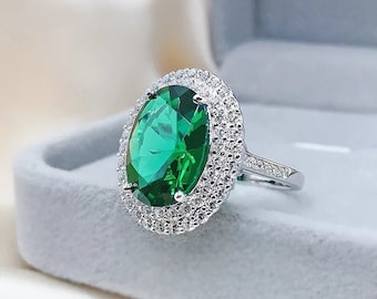 Emerald Ring, Emerald Engagement Ring, Halo Ring, 925 Sterling Silver Ring, Engagement Ring, Wedding Ring Statement Ring.