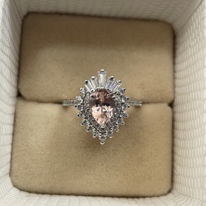 Pear Cut Morganite Ring, Morganite Halo Ring, Peach Morganite Ring, 925 Sterling Silver, Art Deco Ring, Engagement Ring, Bridesmaid Ring