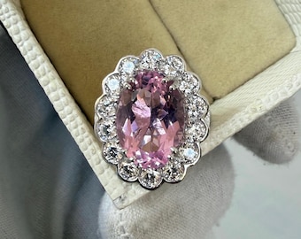 Pink Sapphire Halo Ring, Oval Cut, 925 Sterling Silver