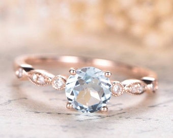 6.5mm Aquamarine Ring, Unique Aquamarine Ring, Round Cut Blue Gemstone Ring, 925 Sterling Silver, Engagement Ring, Statement Ring