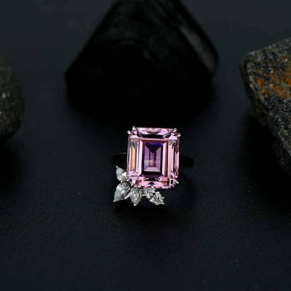 14×12mm Pink Sapphire Ring, Pink Sapphire Engagement Ring, Emerald Cut Ring, Precious Gemstone Ring, 925 Sterling Silver, Victorian Ring