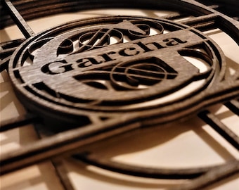 May include: A wooden sign with the name "Garcia" carved into it. The sign is surrounded by a decorative frame.