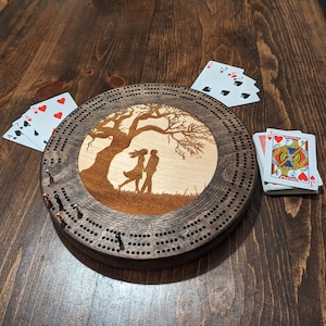 Custom &quot;Lovers Under a Tree&quot; Round Custom Cribbage Board