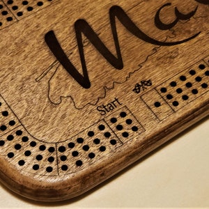 May include: A wooden game board with the word "Start" and a track for playing a game. The board is personalised with the name "Max".
