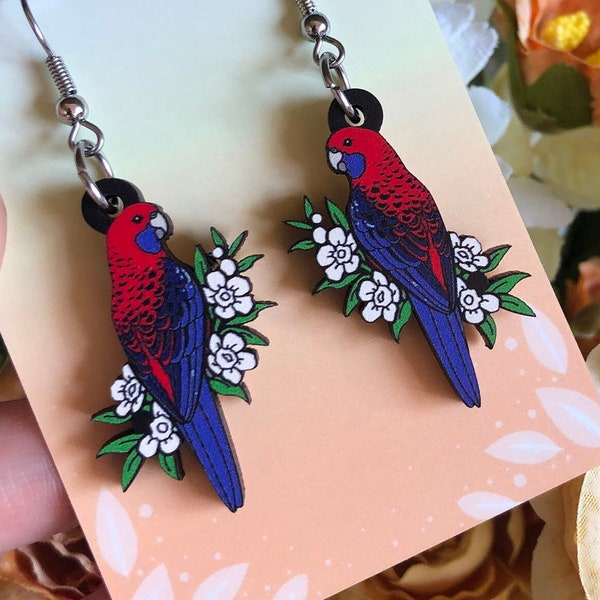 Crimson Rosella Wooden Earrings | Rosella | Bird Earrings | Australian Birds