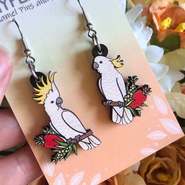 Sulphur-Crested Cockatoo Wooden Earrings | White Cockatoo | Parrot Earrings | Australian Birds