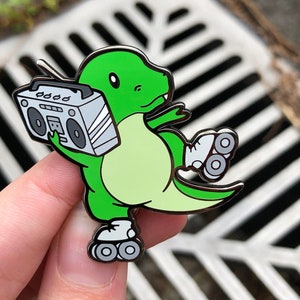 Retrosaur Rolling Hard Enamel Pin | Lapel Pin | Dinosaur Pin | Retro | T-Rex Pin | Rollerskating