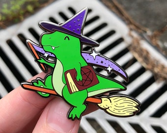 Retrosaur Witching Hard Enamel Pin / Lapel Pin / Dinosaur Pin / Retro / T-Rex Pin / Halloween / withcy / spooky