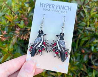 Grey Butcherbird Wooden Earrings | Bird Earrings | Australian Birds