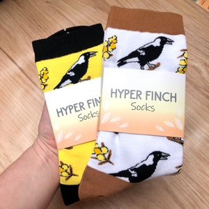 Magpie Socks | Cotton Jacquard Crew Socks | Bird socks | Wattle | Australian Magpie