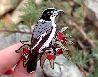 Grey Butcherbird Enamel Pin | Lapel Pin | Bird Pin  | Butcherbird Pin | Australian wild birds