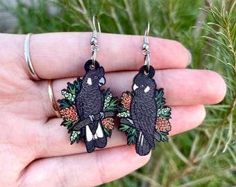 Carnaby's Black Cockatoo Wooden Earrings | Bird Earrings | Australian Birds