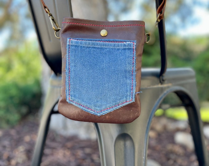 Leather Bag With Denim Pocket