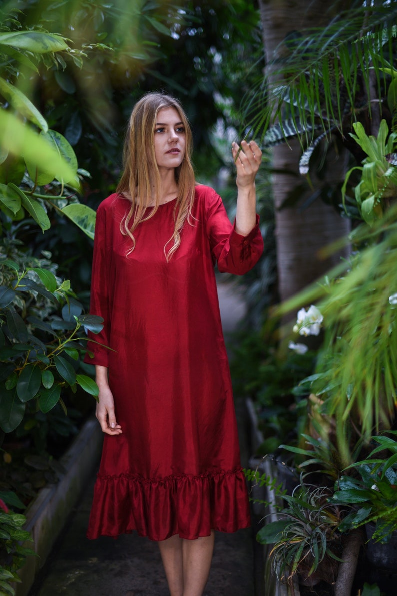 red midi silk dress