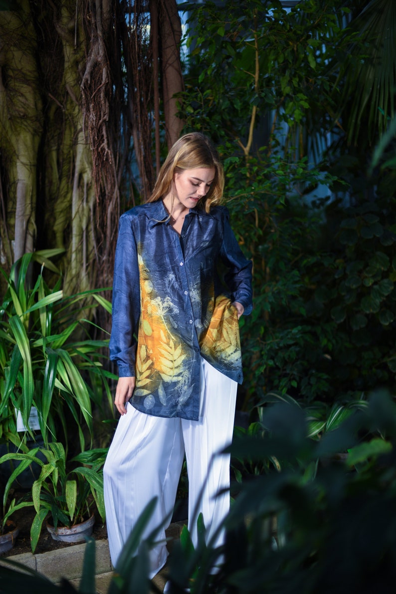 long sleeve summer blouse button down tunic women/'s long robe Handmade silk shirt