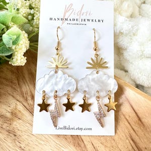 Celestial Cloud Dangle Earrings: Gold Accents Sun, Stars & Lightning Lightweight Dangles