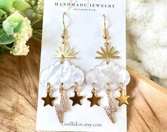 Cute White Cloud Earrings | White and Gold Celestial Earrings | Weather Earrings | Fun Cloud Earrings| Lightening Earrings | Bridal Dangles