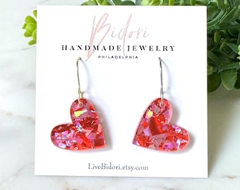 Brincos de Coração Brilhante – Acrílico com Glitter Rosa e Vermelho, Pingentes de Coração Lateral para o Dia dos Namorados