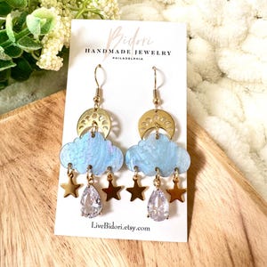 Sky Blue Cloud Dangle Earrings: Celestial Moon & Stars Earrings