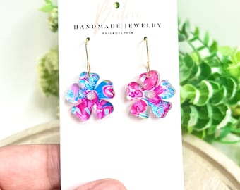Summer Floral  Earrings | Lightweight Dangle Earrings | Organic Shape Earrings |  Vacation Earrings | Tropical Earrings | Blue Pink Flower