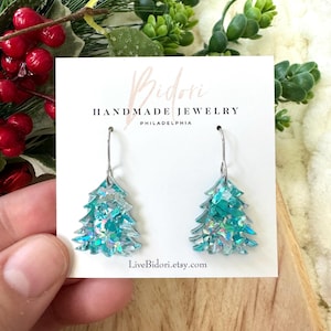 Sparkly Christmas Tree Earrings: Teal Glitter Acrylic Dangles