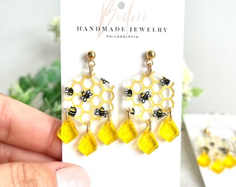 Bienenkorb-Design-Ohrringe aus Acryl in Sechseck-Form, leicht, Geschenk für Bienenliebhaber