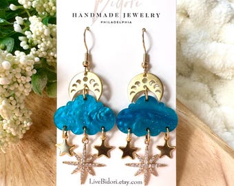 Pearl Blue Cloud Earrings | Cute Celestial Earrings | Weather Earrings | Fun Cloud Earrings| Moon & Star Earrings | Cloud Dangles