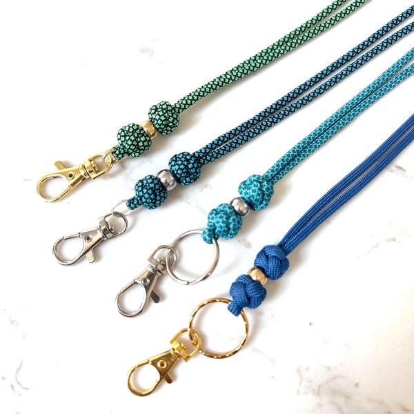 Minimal Paracord ID Lanyard: Teal Blue Colors, Silver or Gold Accents, Breakaway Clasp, Lightweight