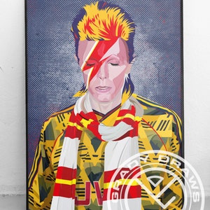 May include: A digital illustration of a person wearing a yellow and black jersey with a red and white scarf. The person has a lightning bolt painted across their face. The background is a blue and white pattern.