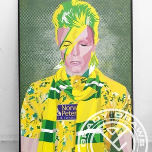 May include: A digital illustration of David Bowie wearing a yellow and green scarf with the text "Norw Peter JILDING" on it. The background is a green pixelated pattern.