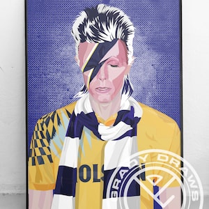 May include: A digital illustration of a person wearing a yellow and black soccer jersey with a white and blue scarf. The person has a black lightning bolt painted across their eye. The background is a purple gradient with a pixelated pattern. The image includes the text "Brady Draws" in a circle.