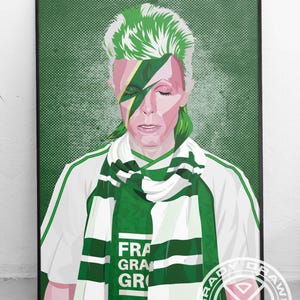 May include: A digital illustration of a person wearing a green and white striped scarf with the text "FRA GRA GRO" on it. The person has green hair and a lightning bolt painted on their face.
