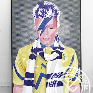 May include: A digital illustration of a person wearing a yellow and blue soccer jersey with a white and blue scarf. The person has a purple and blue hairstyle and a lightning bolt painted on their face. The background is a gray and white textured pattern.