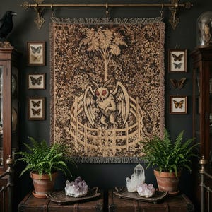 Mothman in Captivity Woven Tapestry Blanket Beige Medieval Throw, Dark Academia Gothic Wall Hanging