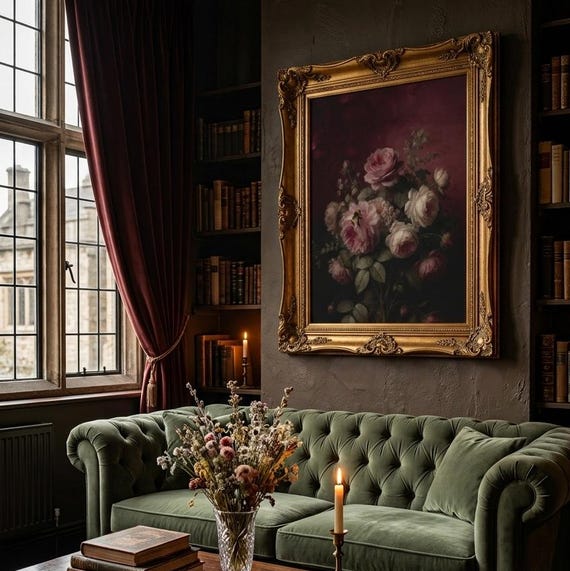 Burgundy Rose Peony Canvas – Dark Academia Moody Floral Botanical Art