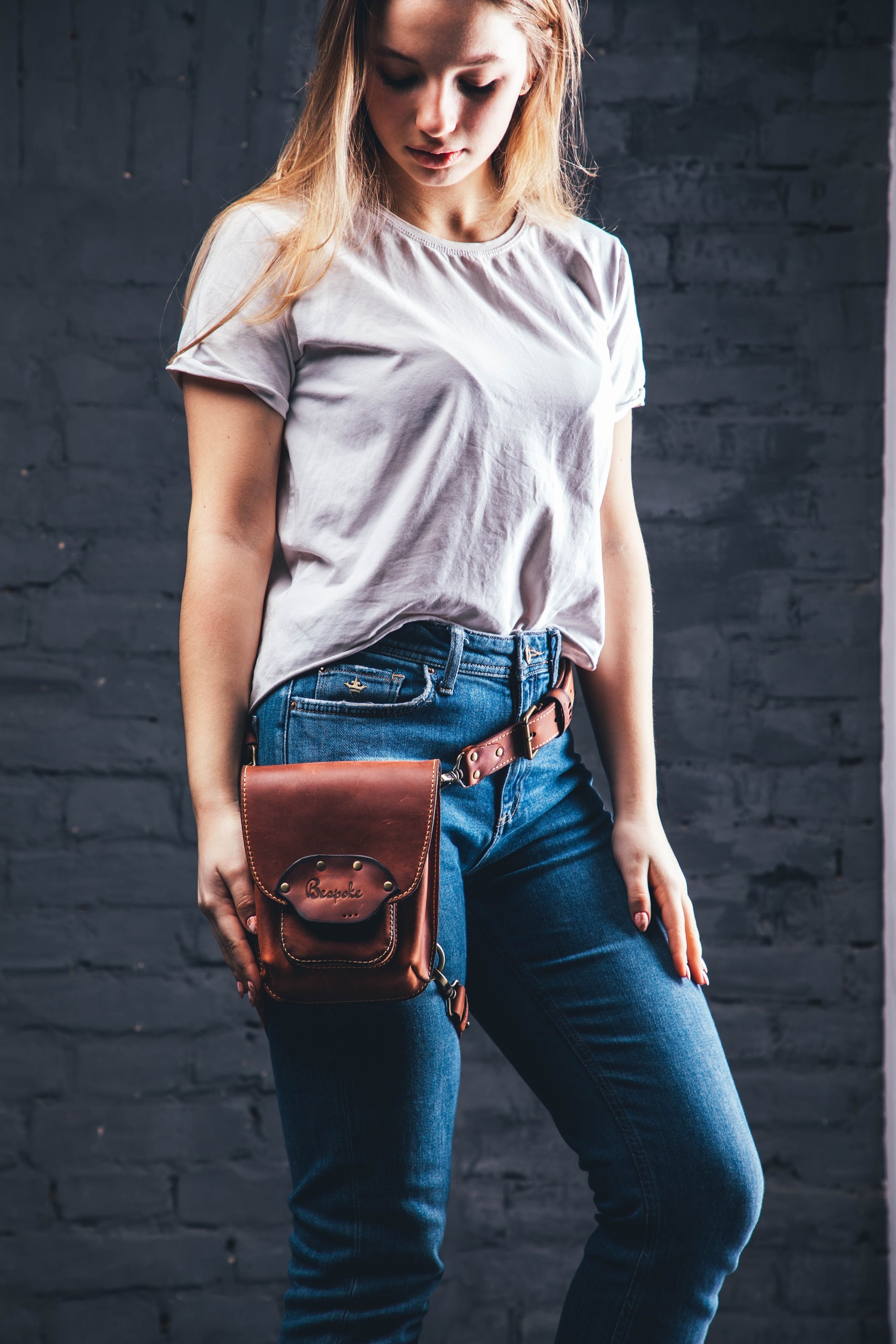 leather hip bag with leg strap