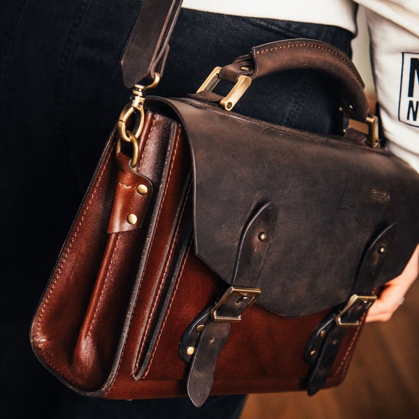 A small satchel made of genuine leather ,Dark brown leather briefcase with two compartments ,Leather Messenger Bag - Gift for her