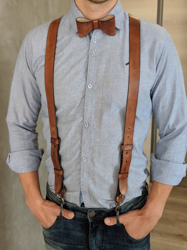 Leather suspenders groomsmen Braces groomsSuspenders jeans | Etsy