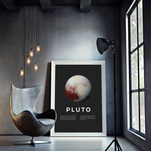 Pode incluir: Um pôster preto e branco com um gráfico de Plutão, um planeta anão do sistema solar. O pôster tem o texto "Plutão" em letras brancas grandes e uma descrição do planeta abaixo.