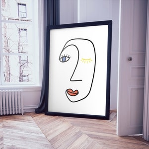 Abstract Line Art Face, Primary Colors, Minimal, Abstract Shapes, Contemporary Art, Mid Century Modern Prints | Wall Decoration | Wall Art
