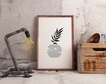Mint Potted Plant Art Print, Hand Drawn Botanical Leaves, Rustic Wall Decoration