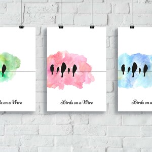 Stampe di uccelli, uccelli su filo, poster ad acquerello, stampa ad acquerello, stampa silhouette / decorazione murale / decorazione murale / arte della parete / MDRN HOME
