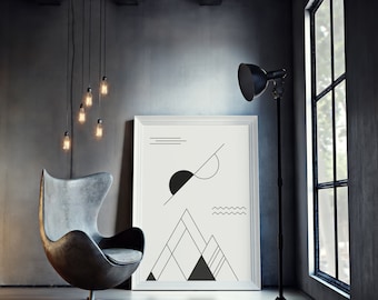 Geometric Landscape Black & White Print, Abstract Poster, Scandinavian Print, Living Room Print, Minimalist Art | Wall Decoration | Wall Art