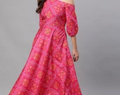 Pink Orange Bandhani Printed One Shoulder Flared Maxi Dress Free Delivery