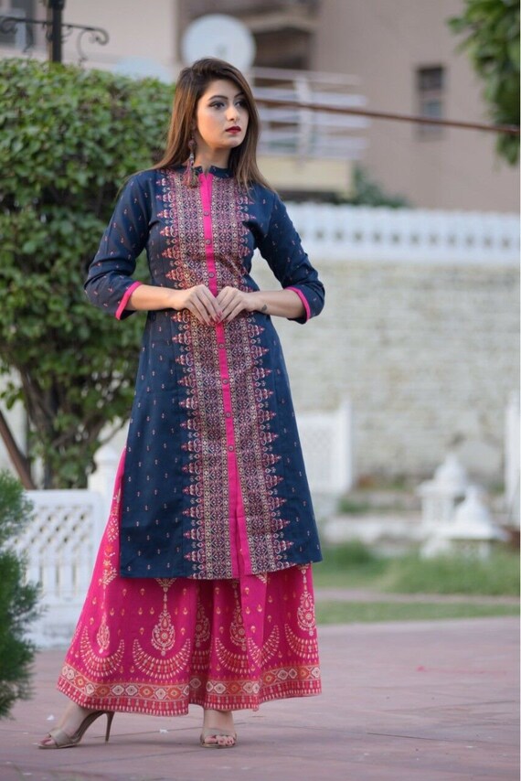 Indian Blue Block Printed Kurta with Pink Skirt | Etsy