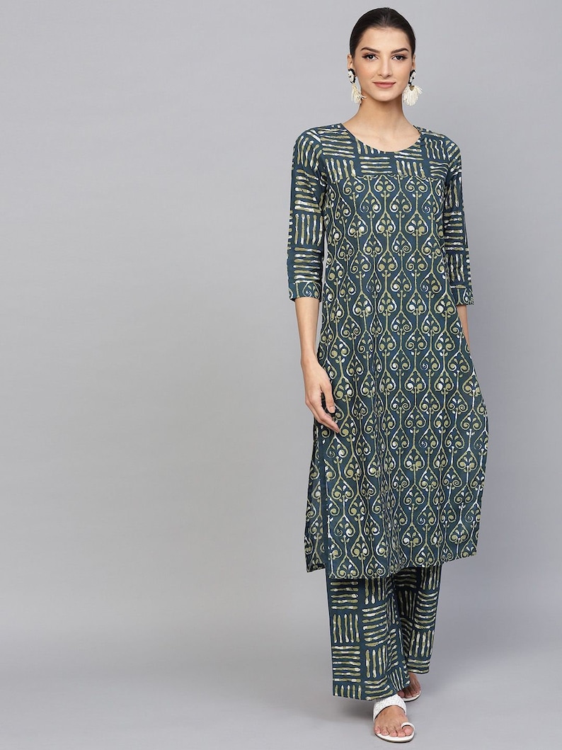 Blue /& Green Printed Straight Kurta With Palazzo Set Kurta Set Free Delivery