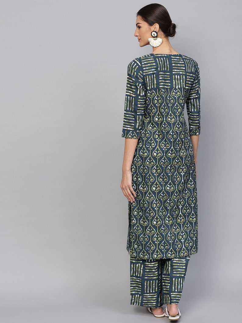Blue /& Green Printed Straight Kurta With Palazzo Set Kurta Set Free Delivery