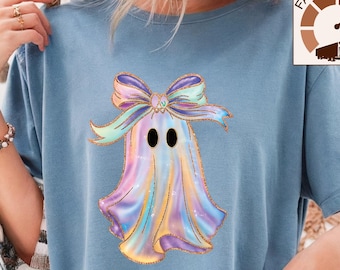 Iridescent Ghost Pumpkin Comfort Colors® shirt,Halloween shirt women,Ghost Bow shirt,Girly Halloween,Spooky Halloween tee,Aesthetic ghost