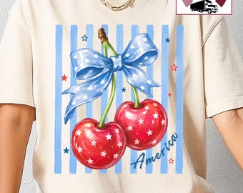 Cherry America Coquette Comfort Colors shirt,America 250 tshirt,Preppy USA Tee,Patriotic Shirt,Striped 4th of July tshirt,Girly USA tee